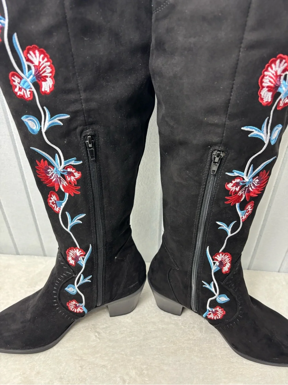 Carlos Santana Alexia Over the Knee Boots Womens 9.5M Black Floral Embroidered - Picture 4 of 16